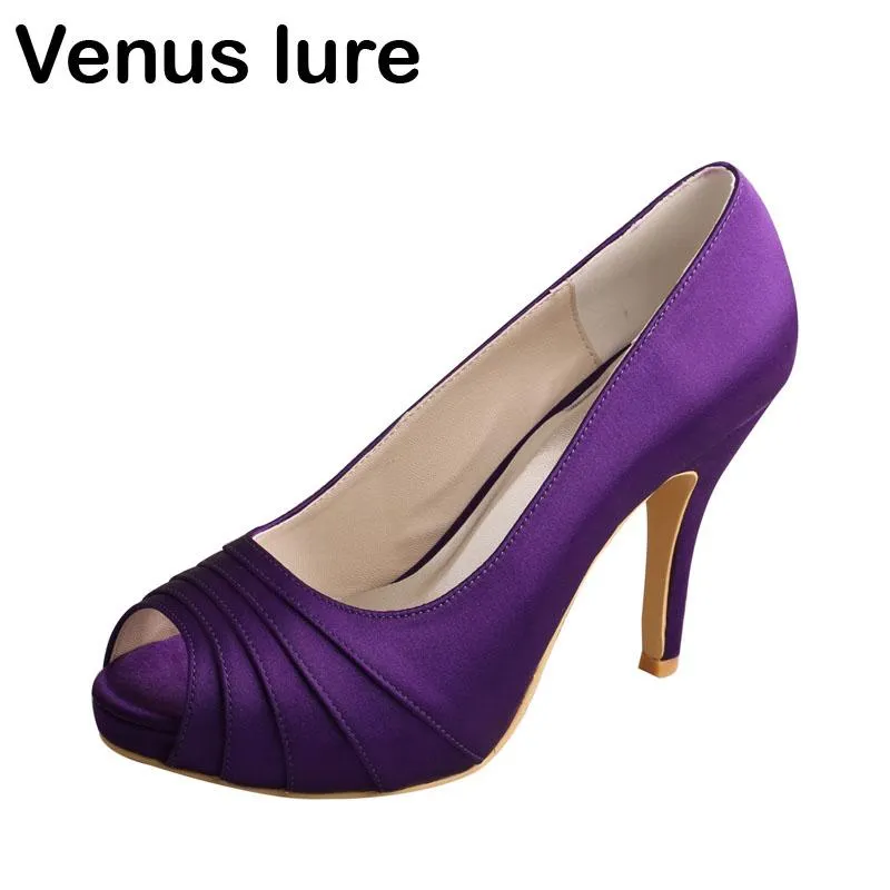 Scarpe eleganti con tacco alto viola scuro con plateau e punta aperta da sera per le donne formali