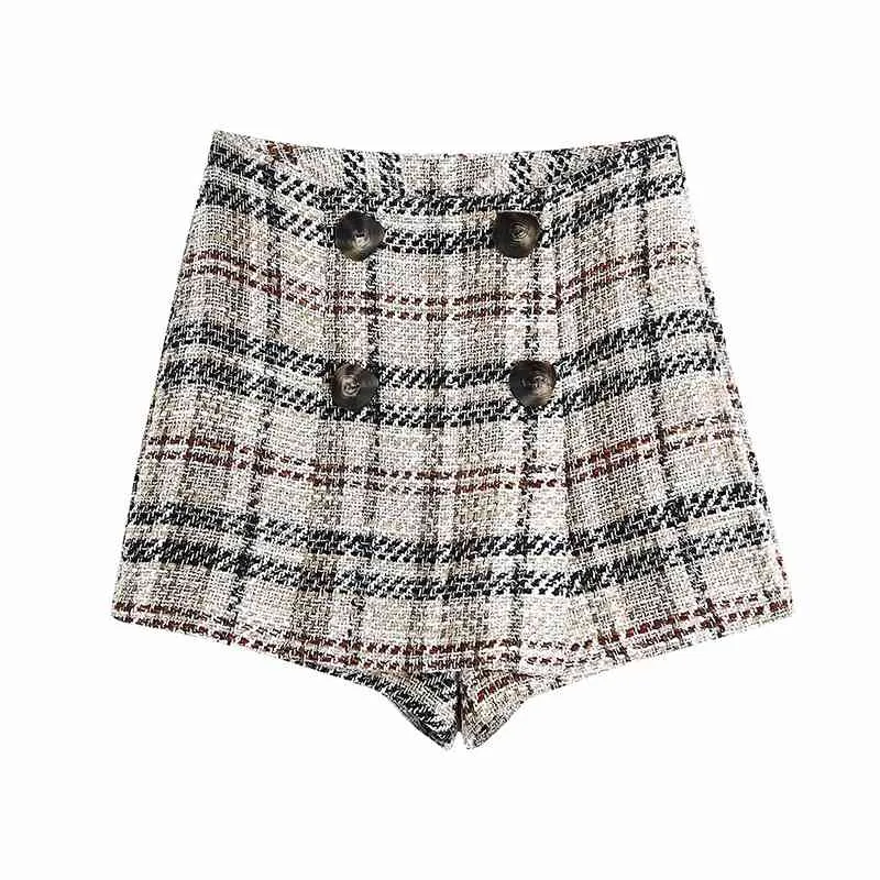 Tweed Women Patchwork Button Shorts Primavera-Autunno Fashion Ladies Elegant Khaki Female Vintage Girls Chic 210430