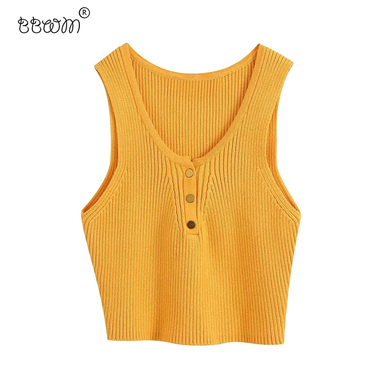 Kobiety słodkie przyciski mody żebrowane dzianiny topy vintage żeński żółty v neck bez rękawów krótki sweter topy 210520