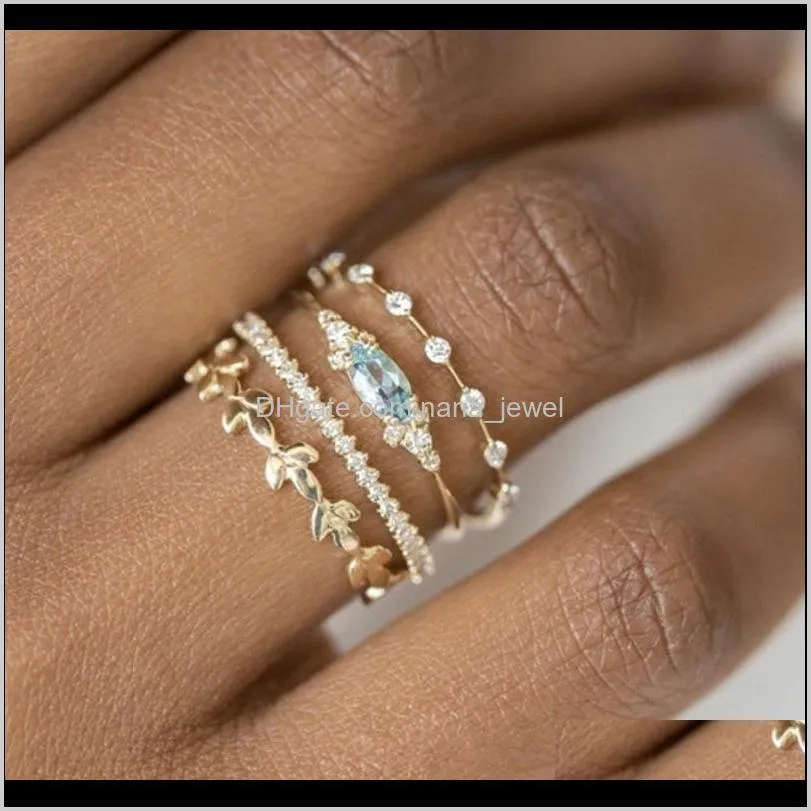 Women Inlay Aquamarine Rhinestone Rings Jewelry Lady Plated Gold Engagement Ring Fashion Accessory Four Piece Suit wjl1372