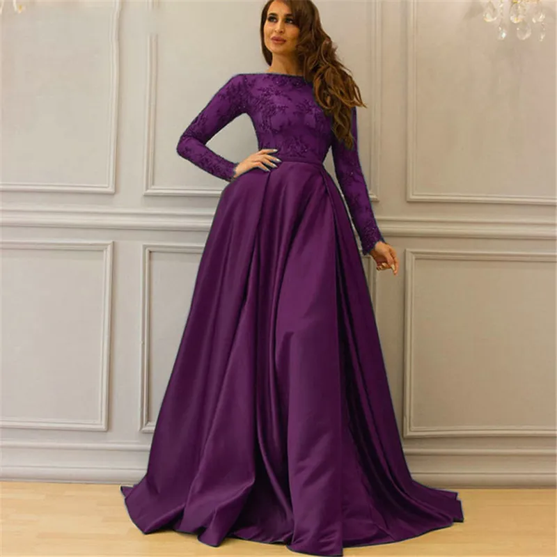 Muslim Satin Evening Dress with Long Illusion Sleeves and Jewel Neck Lace  Applique Prom Gown with Sweep Train Plus Size from Dhgate Prom Dresses -  price 150.76