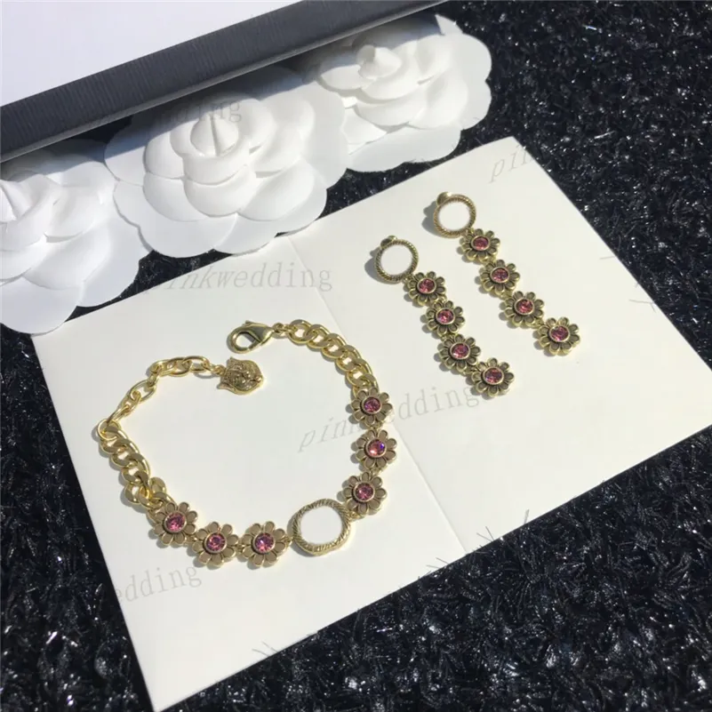 Retro Gold Plated Bracelet Pink Crystal Ear Pendant Street Punk Letter Bracelets Fashion Chic Flower Earrings
