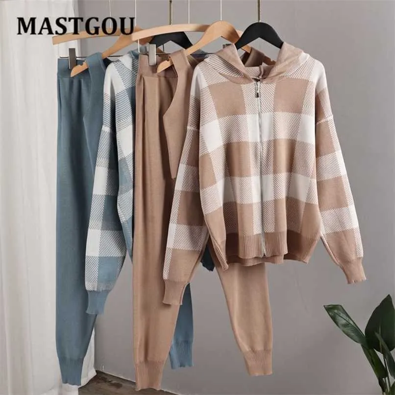 MASTGOU 3 Piece Sets Women's Tracksuits Winter Zipper Hooded Cardigan Sweaters + Tank Top + Knit Harem Pants Sport Suits Outfits 211116