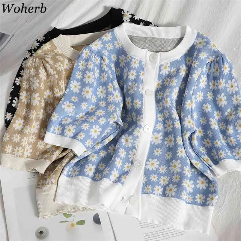 Spring Summer Korean Knitted Cardigan Tops Short Sleeve O-neck Vintage Fashion Floral Daisy Sweaters Femme 210519