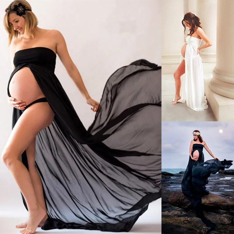 Abiti premaman Abito lungo in pizzo Abito lungo maxi Po Shoot Pography Puntelli Gravidanza Nero Bianco Senza spalline