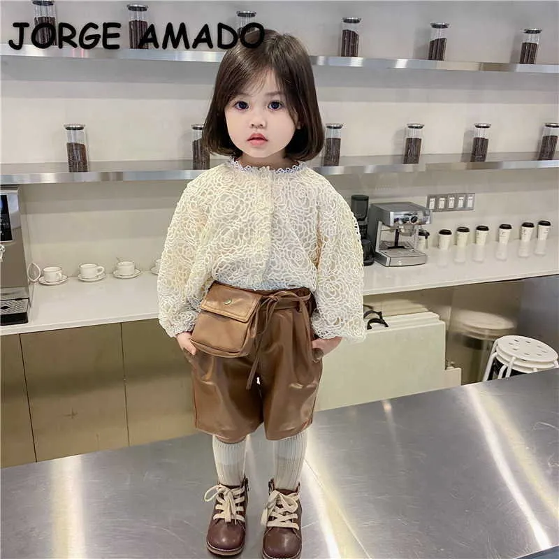 Spring Koreanische Art Baby Mädchen 2-PCs Sets Lace Long Sleeves Hemden + Leder Shorts Kinder Kleidung E5033 210610