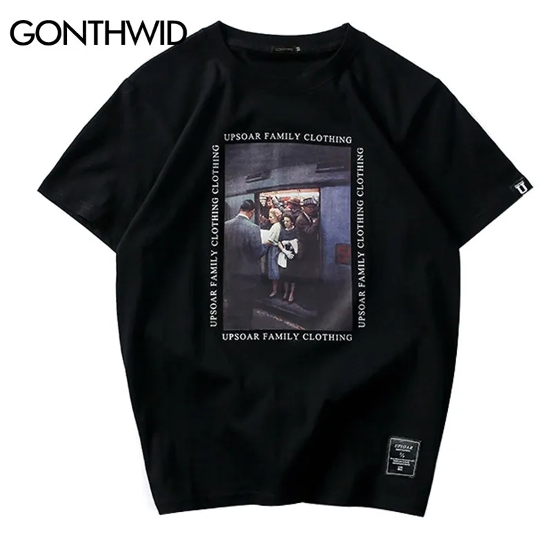 Gonthwid Vintage Boyama Baskılı T Shirt Erkekler Yaz Hip Hop Rahat Kısa Kollu Tops Tees Moda Swag Tişörtleri Streetwear 210324