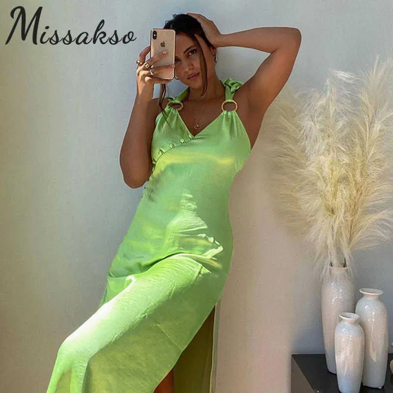 Missakso Stain Split Breasted Button Dress Holiday Club Summer Green Women Sexig Halter Backless Spaghetti Strap Midi Dress 210625