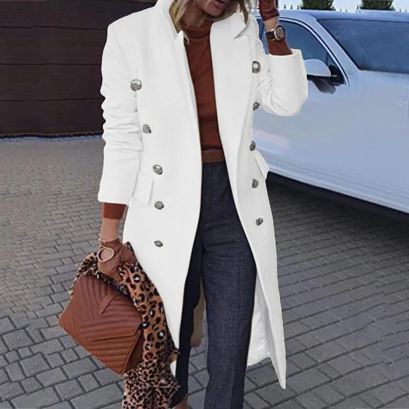 Kvinnors Jackor Faux Ull Tunna Coat Trench Jacket Damer Varm Slim Solid Färgknapp Lång Overcoat Outwear Winter
