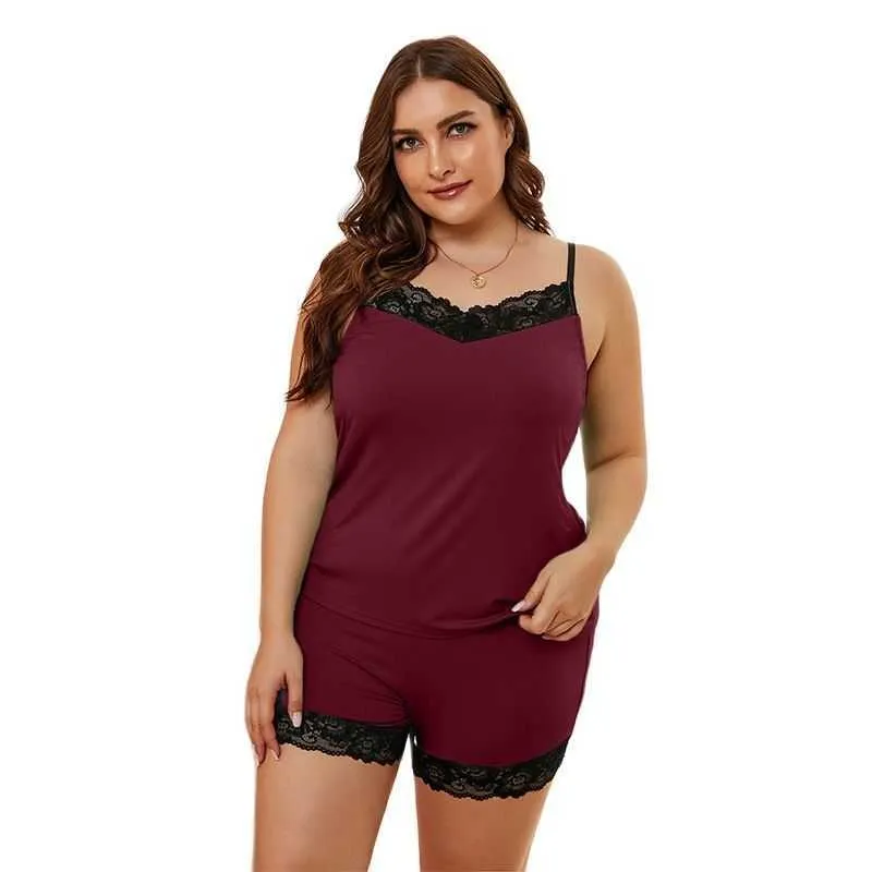 Plus Size 2 Pcs Women Pajama Sets Sexy Lace Strap Solid Top and Shorts Suit V Neck Female Sleeveless Erotic Home Sleepwear Q0706