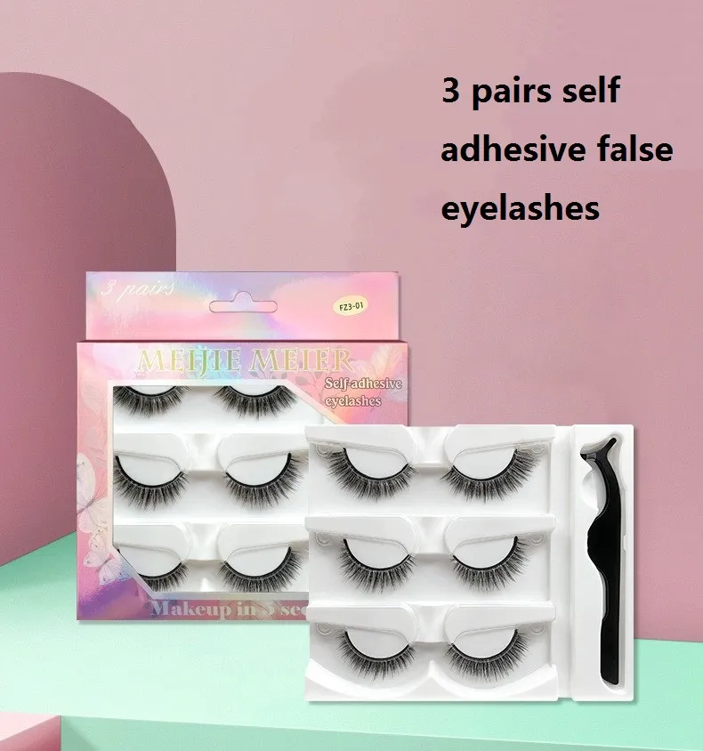 3 Pairs False Mink Eyelash Set Self Adhesive Eyelashes Natural Thick Long Cross Eye Lashes Wispy Makeup