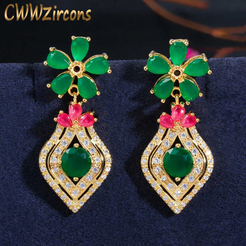 Élégant jaune or argent rouge vert émeraude CZ pierre fleur boucles d'oreilles pour femmes mode vintage bijoux CZ388 210714