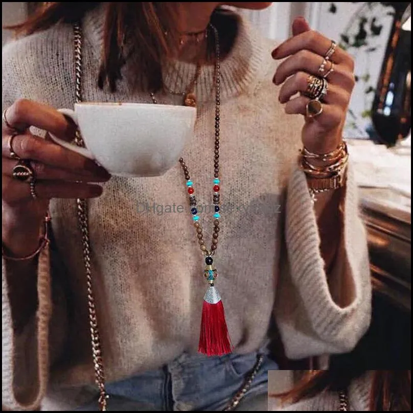 Retro ethnic style female tassel necklace long fashion handmade beaded sweater chain Amoy jewelry