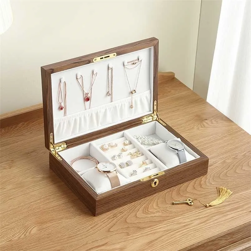 Grote Houten Sieraden Doos Mannen Horloge Stand Organizer Dames Oorbellen Ring Houder Case Sieraden Display Opslag 211105