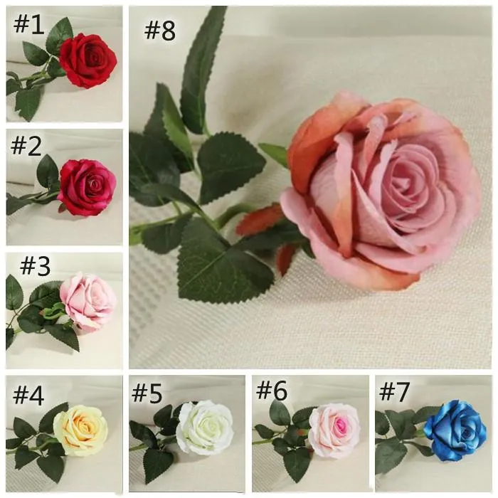 Single Faux Velvet Rose Long Stem and Green Leave Artificial Flowers Home Table Wedding Hotel Decoration Gift YHM939-ZWL