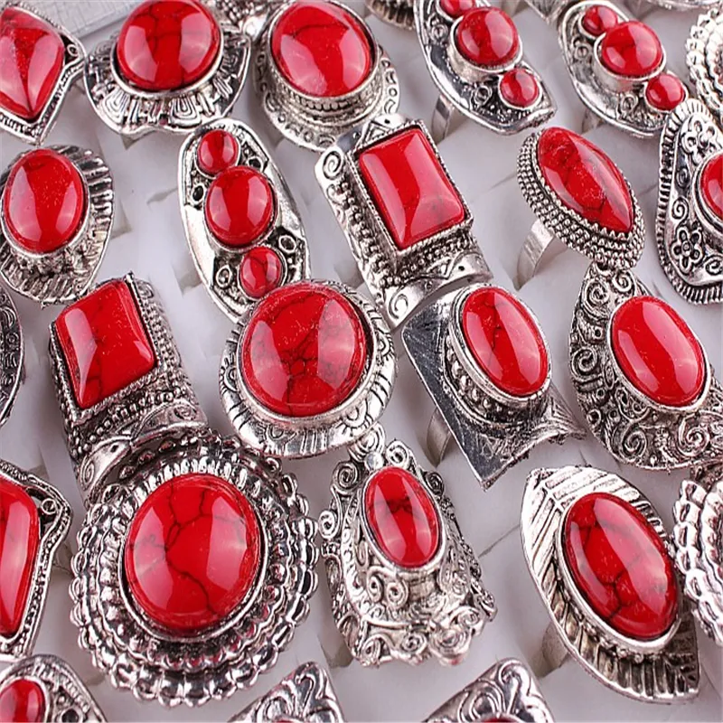 Retro estilo vermelho anéis de pedra natural anel banhado a prata 30 pcs atacado jóias boêmio de luxo ajustável para mulher