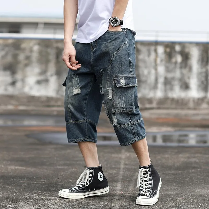 Abaixo do joelho jeans homens em linha reta média sólida 7 minutos calças 2021 verão moda calções jeans com múltiplos bolsos homens