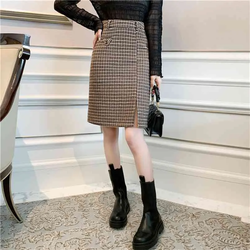 Vintage Plaid femmes jupes automne crayon longue femme chaud épais Mujer femmes hiver taille haute jupe filles Midi plissé 210423