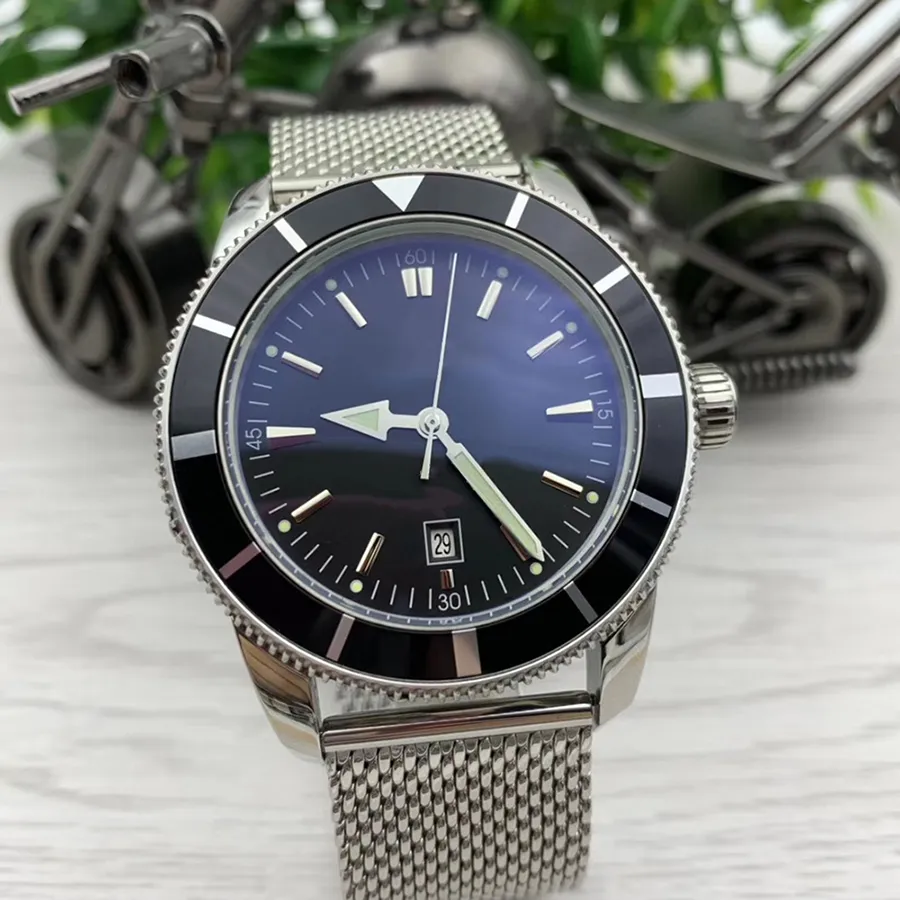 スーパーとオーシャンシリーズ日付メンズ腕時計 47 ミリメートルラージブラックダイヤルキャリバー 20 自動インデックスウォッチステンレススチールメッシュブレスレット腕時計
