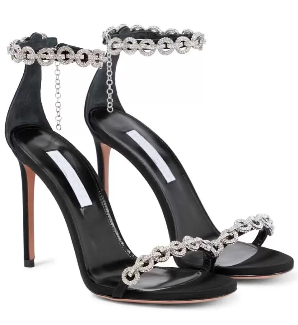 Élégant mariage de mariée Thyra sandales chaussures robe de femme cristal fête dame talons hauts nu noir été gladiateur sandalias avec boîte, EU35-43