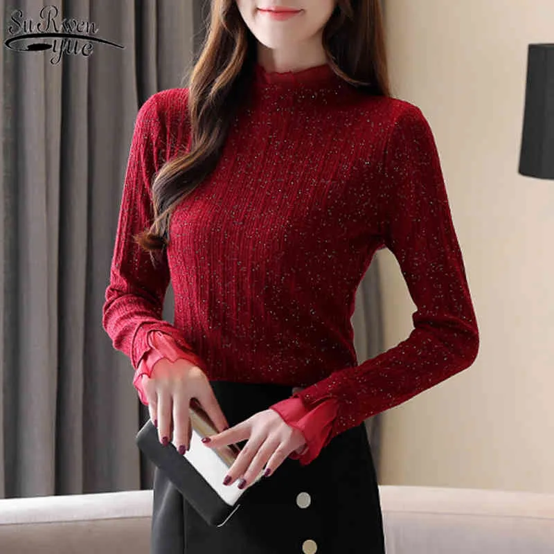 Vintage Lace Women's Turtleneck Sweater Autumn Long Sleeve Pullover Women Slim Thin Stand Collar Wild Knitwear 11055 210427