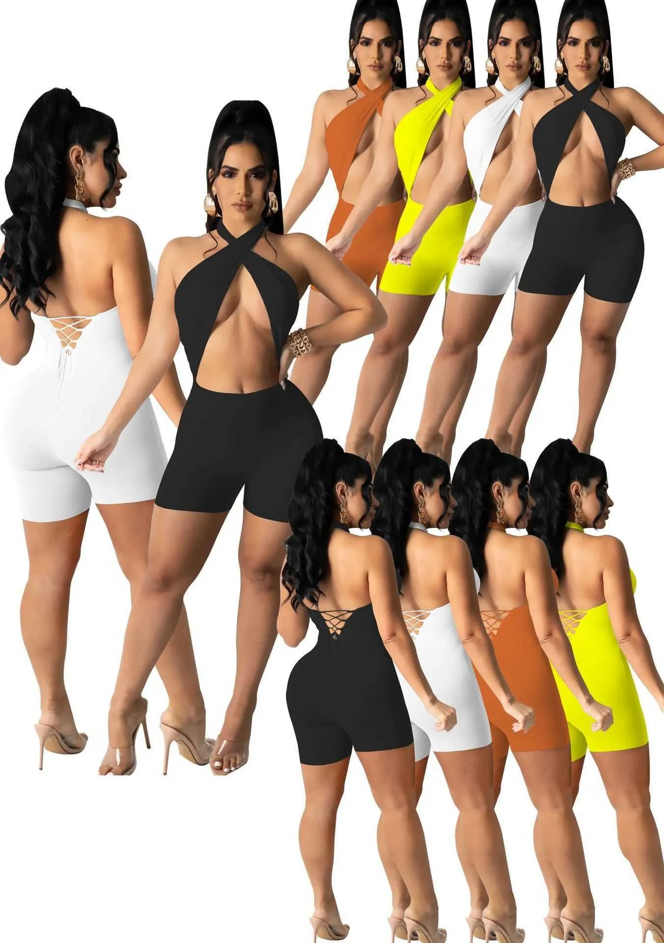 Sexy Women Designer Jumpsuits Summer Sleeveless Backless Clothing Solid Color Onesies Overalls Rompers Shorts S-2XL