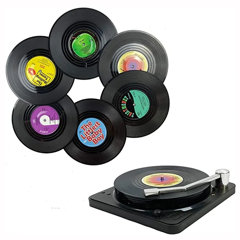 6pcs Vinyl Disk Coasters con titolare del giocatore in vinile Creativo Koffie Mok Cup Onderzetters Hitteendig Antislip Pads 210817