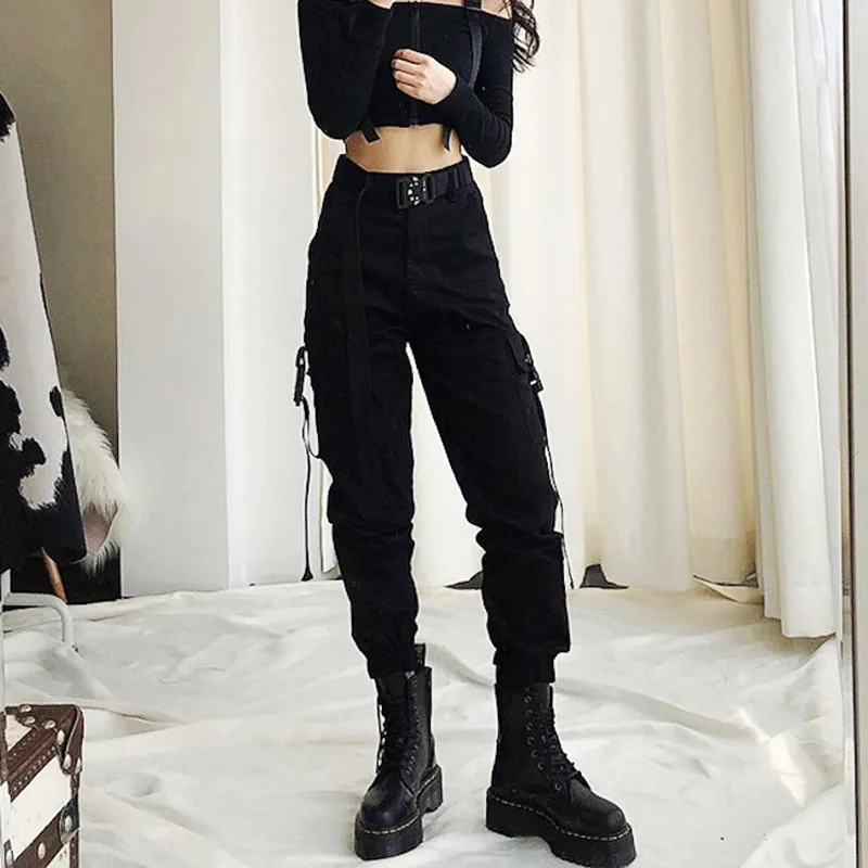 Printemps Femmes NOIR Armée Cargo Pantalon Unisexe Hip Hop Ceintures Pantalon BF Harajuku Joggers Taille Haute Salopette Lâche Pantalon Décontracté 210319