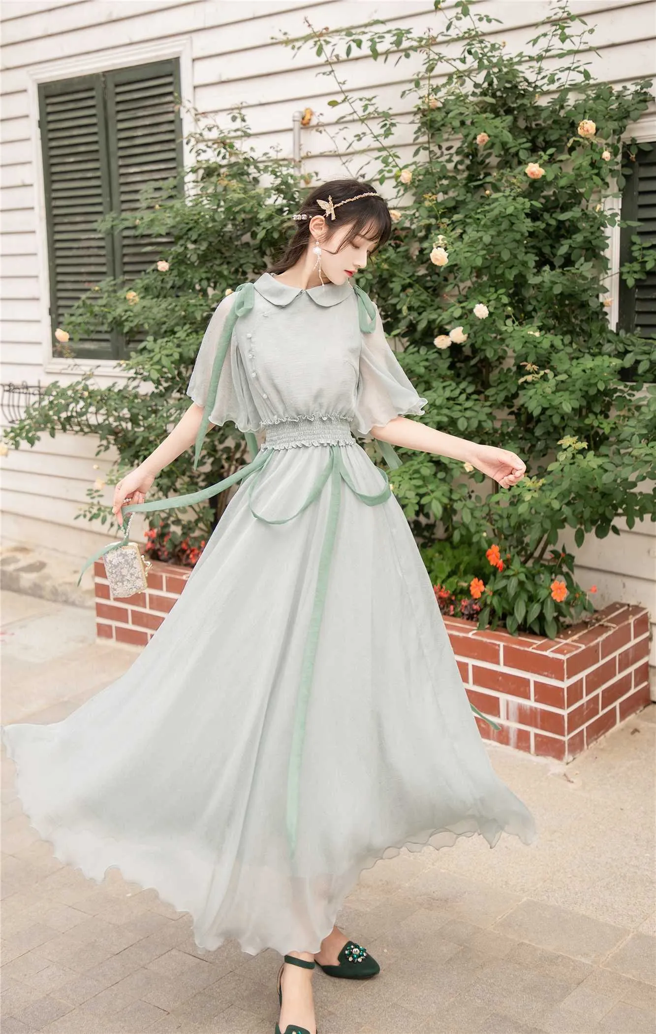 Retro Style Dresses For Ladies YOSIMI Womens Green Chiffon Maxi Dress Vintage Style, Elastic Waist, Half Retro Style Dresses For Ladies YOSIMI Womens Green Chiffon Maxi Dress Vintage Style, Elastic Waist, Half