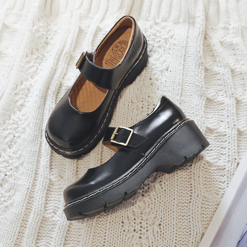 2019 New Arrival Japanese Style Vintage Buckle Mary Janes Shoes Women'S Shallow Mouth Casual Student Leather Shoes Thick Bottom K78