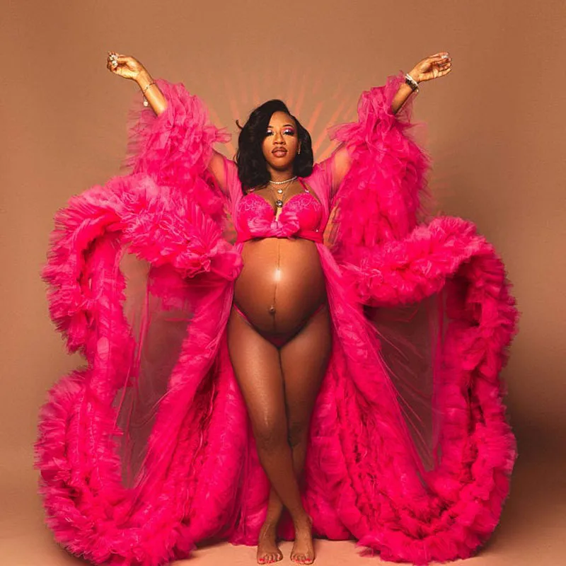 Afrikanisches Hot Pink Umstandskleid Roben für Fotoshooting oder Babyparty Rüschen Tüll Schicke Frauen Ballkleider Rüschen Langarm Fotografie Robe Partykleider