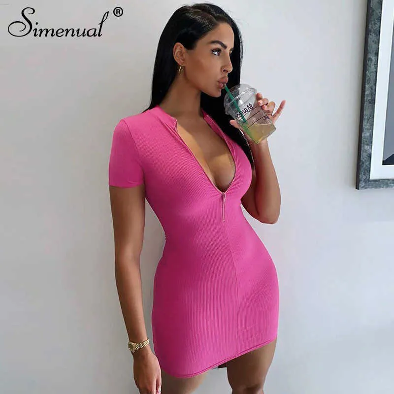 Symenial żebrowany Skinny Bodycon Sukienki Kobiety Krótki Rękaw Lato Mini Dress Zipper Sexy Moda Slim Solid Club Party Dress T200603