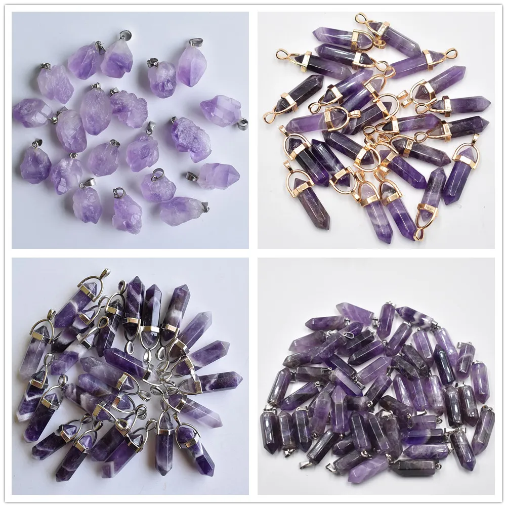 Pierre naturelle prisme hexagonal améthystes pendentifs de guérison breloques collier à faire soi-même bijoux accessoires fabrication