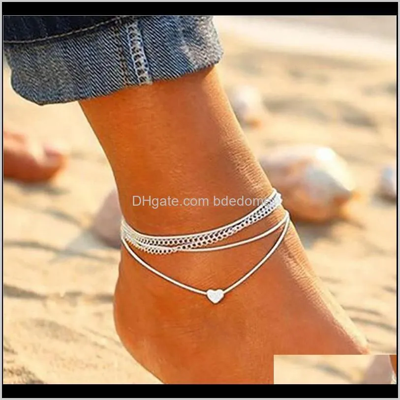 anklet set white rope string rope through heart charm silver plated metal chain women foot anklet gift