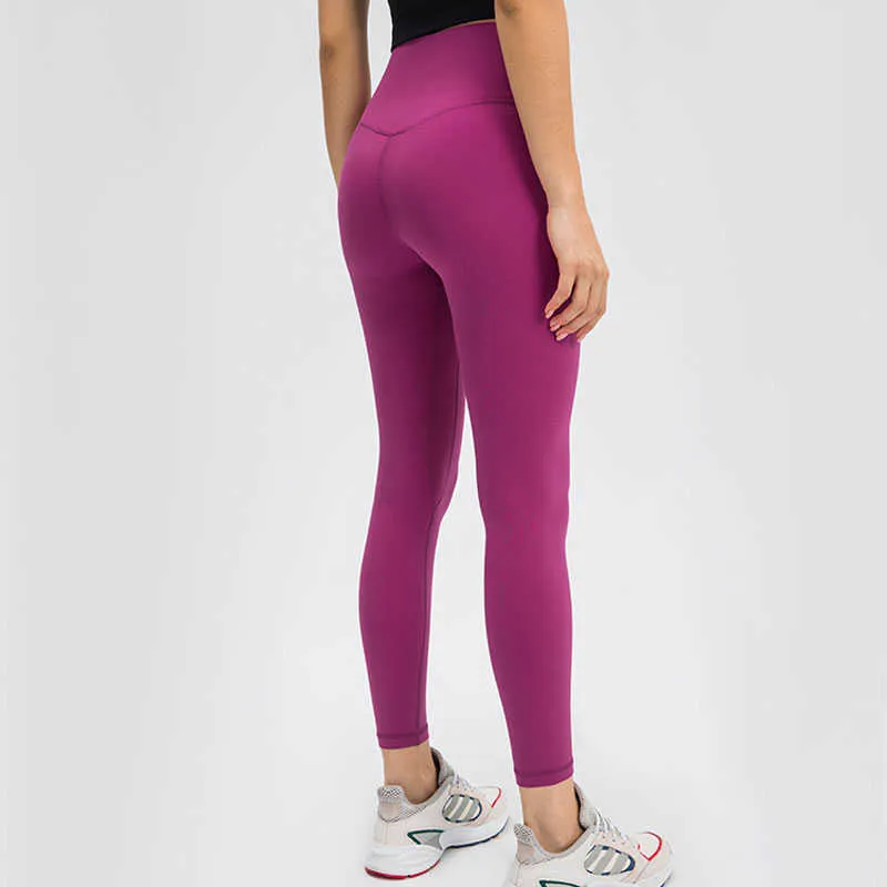 L-28B Solid Color Naked Feeling Yoga Pants High Rise Sport Outfit Women Outdoor Elastic Leggings Running Fitness Tights With Midje237o
