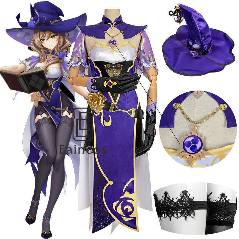 Genshin Impact Lisa Cosplay Costume Wig Anime Game Librarian Sexy Women Dress Outfits With Hat Halloween Carnival Uniforms Y0903