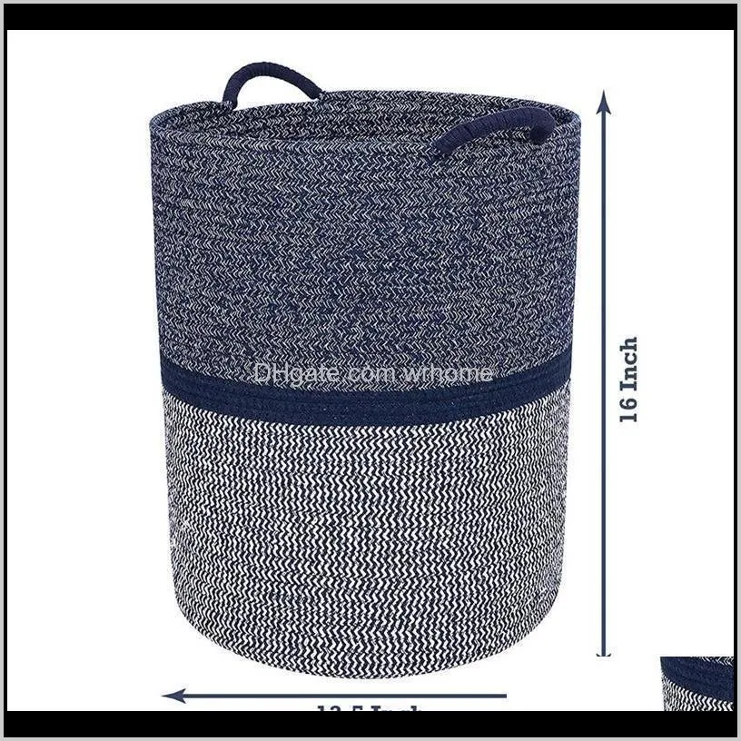 Cotton Rope Basket Woven Baskets With Handles Laundry Hamper Organizing Storage Toy Bin-ABUX