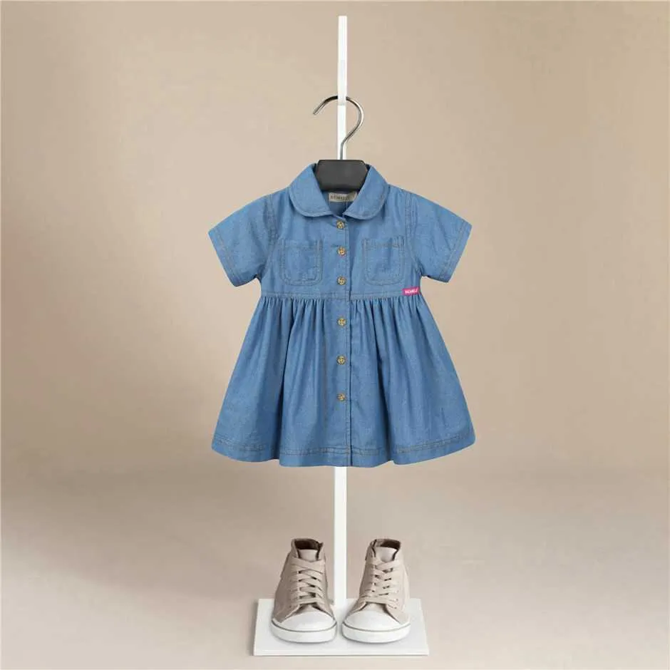 Girls Denim Blue Dress Summer Party Dress with Belt Children Short Sleeve Casual Clothing Baby Girl Kids Fashion Outfit Q0716