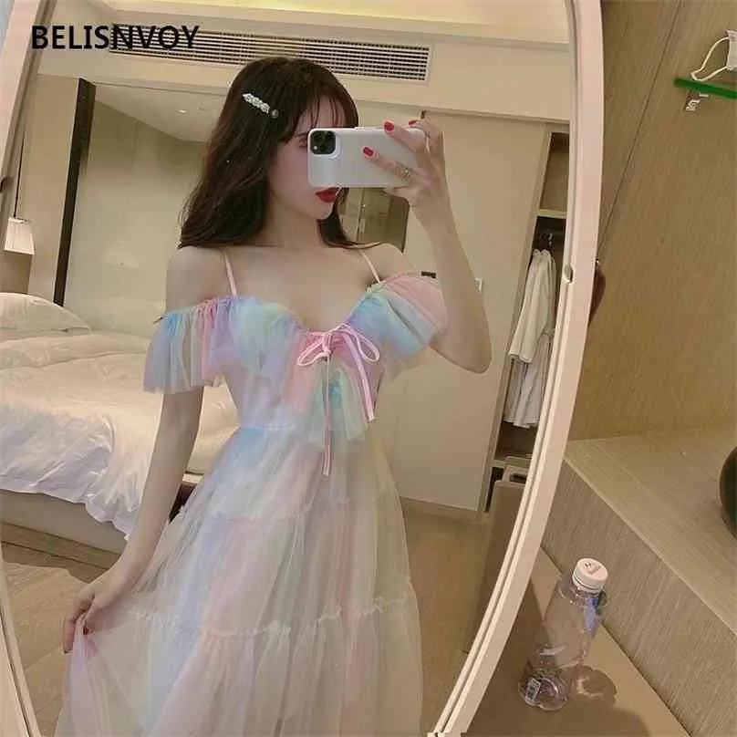 Arrivals Party Dress V Neck Suspenders Rainbow Fairy Tulle Off Shoulder Kawaii Cute Pestal Mesh Tiered 210520