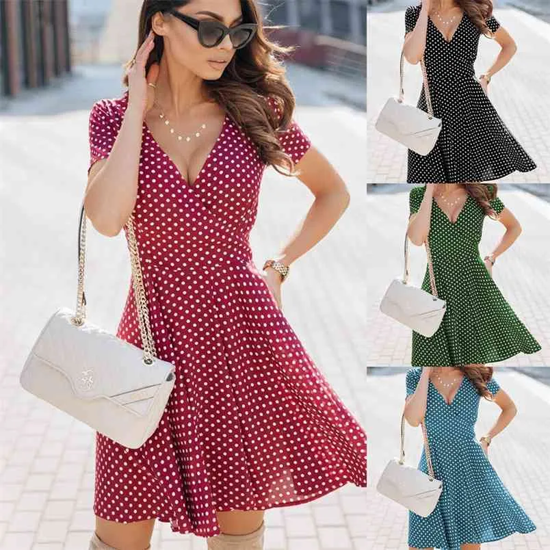 Fashion Polka Dot Print Big Swing Dresses For Women Casual Short-Sleeved A-Line Mini Robes Femme Summer Ropa 210517