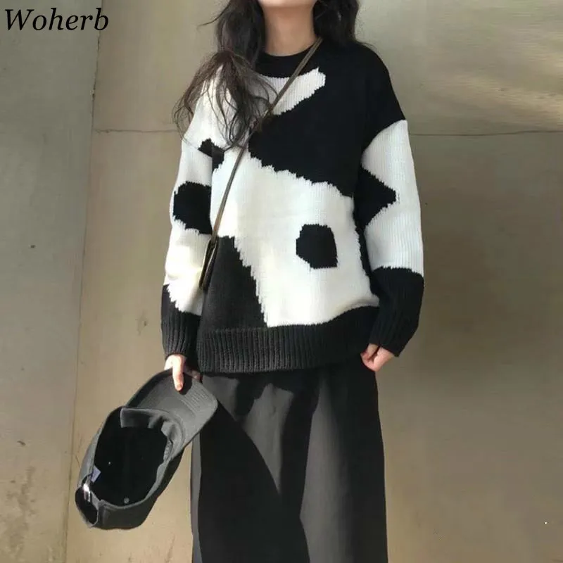 Camisolas Mulheres Harajuku Estilo Coreano Streetwear Leite Vaca Pulôver Impresso All-Match Loose Modis 210422
