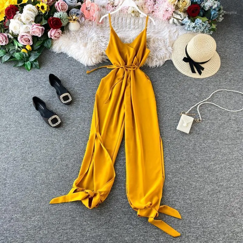 Women's Jumpsuits & Rompers 2021 Women Summer Strap Long Pants Loose Sexy Beach Cami Overalls Boho Sleeveless Solid Chiffon Wide Leg T240