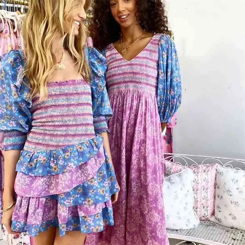 Print Floral Boho Dresses for Women Summer Half Sleeve Vintage French Style Retro Robe Femme Layered Mini Dress 210427