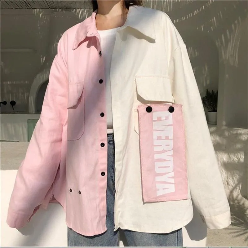 Women's Jackets Harajuku Mixed Color Casual Jacket Women Streetwear Patchwork Letter Print Button Ulzzang Coat Boyfriend Student Outwear Fem