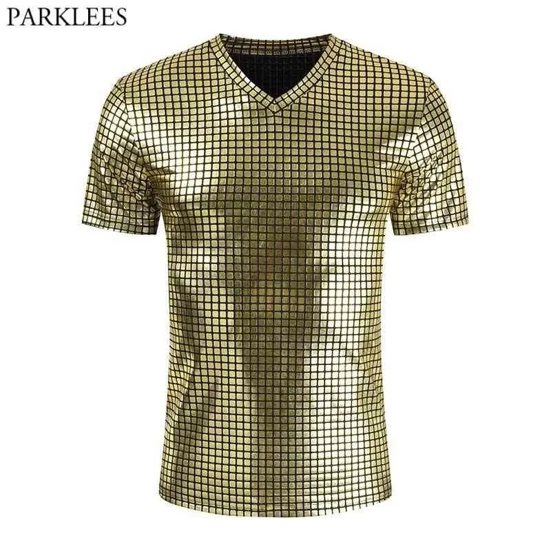 Shiny Gold Plaid Coated Metallic Nightclub T Shirt Men Short Sleeve Slim Fit Tshirts Mens Pron Stage Clothing 210522 Xufeng456
