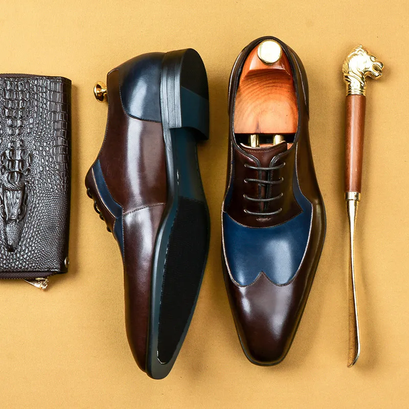 جلد الرجال الأحذية الرسمية جلد طبيعي الأعمال الزفاف البروغ أكسفورد الأحذية الأسود القهوة أشار تو فاخرة الرجال اللباس الحذاء