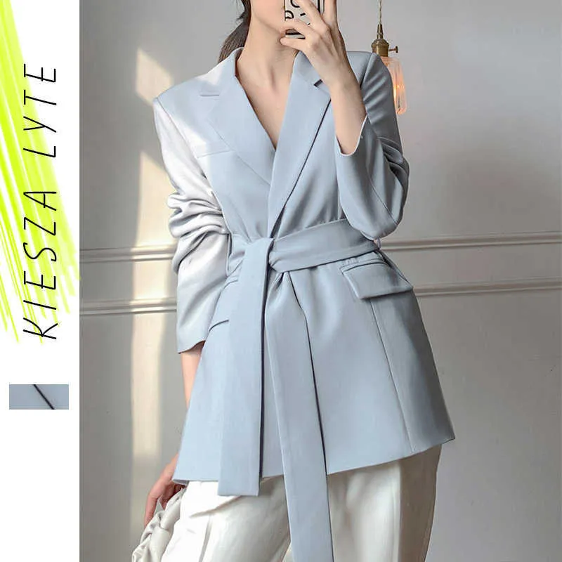Ljusblå kostymjacka Kvinnor Vår Koreanska Casual Sashes Office Lady Slim Blazer Coat Kvinna Outfits 210608