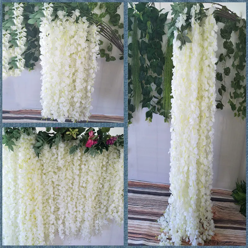 3 Forks/ Stem White Artificial Silk Wisteria Flower String Encryption Garland Vine For Home Wall Hanging Wedding DIY Supplies