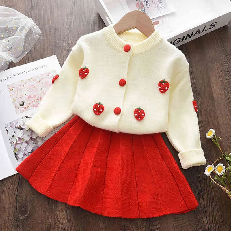 Bear Leader Kids Girl Knitted Winter Suit Skirt Fashion Check Stripe College Style Ruffles Cute Vestidos Children Clothes Y220310