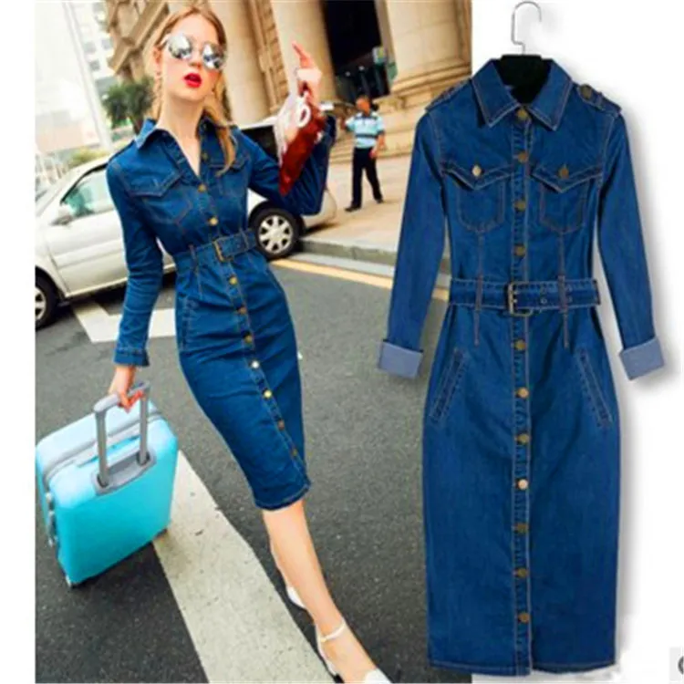 Kvinnor denim bodycon klänning mode blyerts vestido höst cowboy office lady sexig ropa mujer